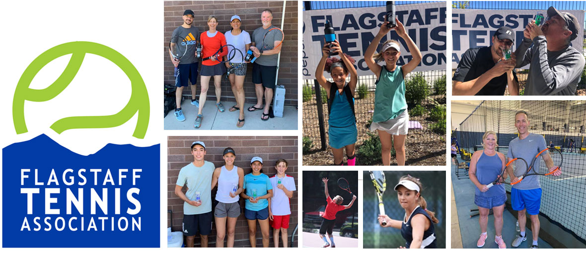 Flagstaff Tennis Association logo with images from 2019 Flagstaff Open